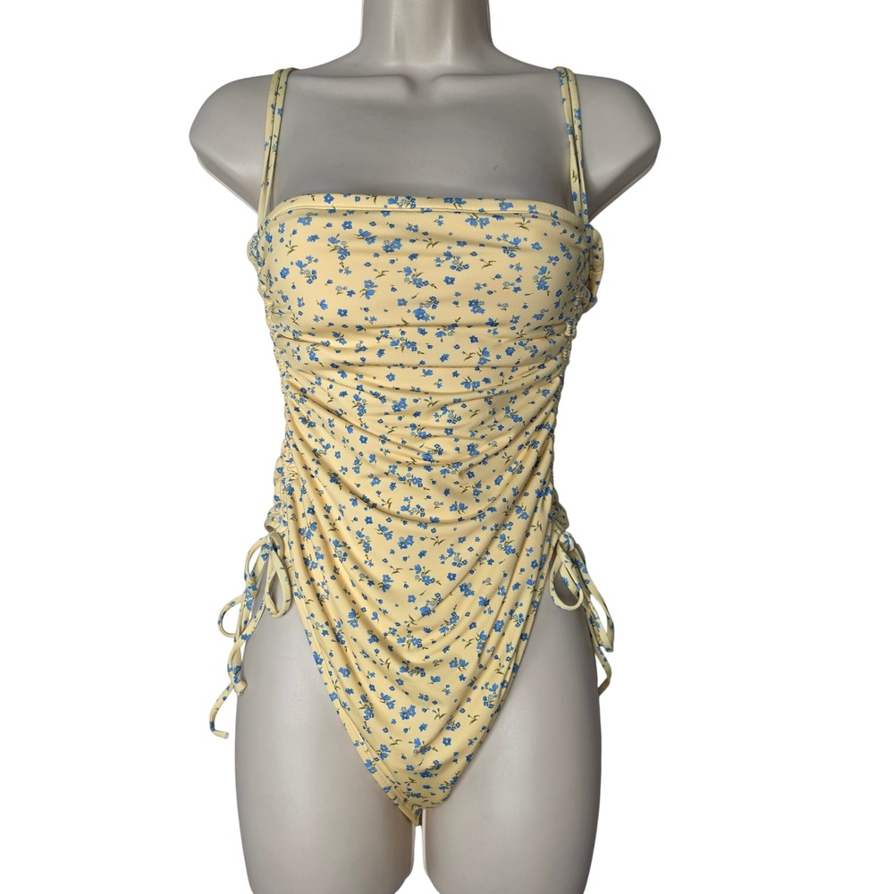 Wild Fable Swimsuit Women L Yellow Floral One Piece Ruched Tie Side Vacay Beach